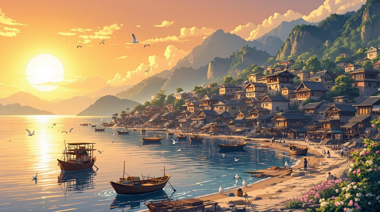 红果短句 - 海边渔村温暖黄昏全景，金色夕阳下的渔港，停泊的小渔船，传统石屋与远山